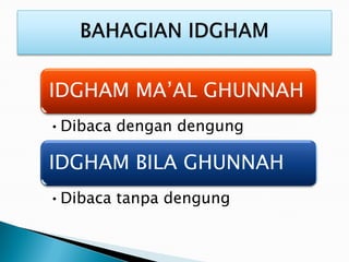 IDGHAM MA’AL GHUNNAH
•Dibaca dengan dengung
IDGHAM BILA GHUNNAH
•Dibaca tanpa dengung
 