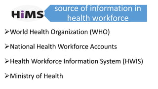 source of information in
health workforce
World Health Organization (WHO)
National Health Workforce Accounts
Health Workforce Information System (HWIS)
Ministry of Health
 