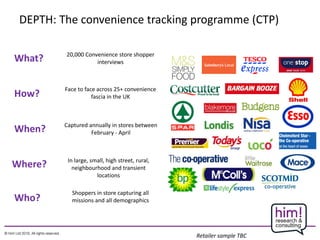 DEPTH: The convenience tracking programme (CTP)
What?
How?
When?
20,000 Convenience store shopper
interviews
Face to face across 25+ convenience
fascia in the UK
Captured annually in stores between
February - April
Retailer sample TBC
Who?
Shoppers in store capturing all
missions and all demographics
Where? In large, small, high street, rural,
neighbourhood and transient
locations
 