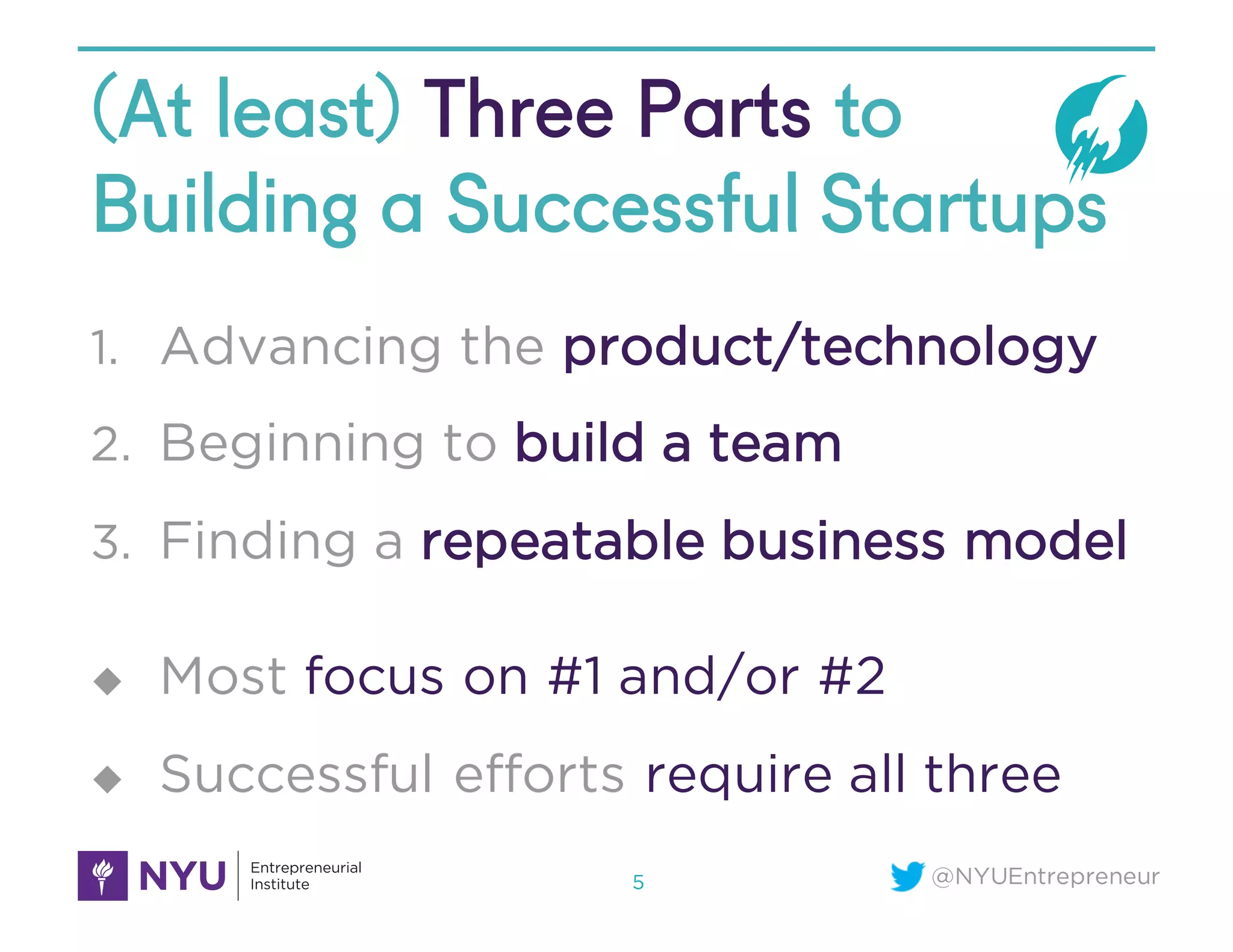@NYUEntrepreneur
(At least) Three Parts to
Building a Successful Startups
1. Advancing the product/technology
2. Beginning to build a team
3. Finding a repeatable business model
u Most focus on #1 and/or #2
u Successful efforts require all three
5
 