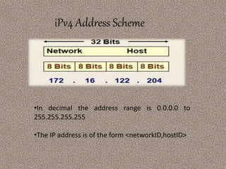 iPv4 Address Scheme 
17 
•In decimal the address range is 0.0.0.0 to 
255.255.255.255 
•The IP address is of the form <networkID,hostID> 
 