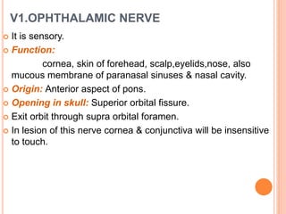 V1.OPHTHALAMIC NERVE
 It is sensory.
 Function:
cornea, skin of forehead, scalp,eyelids,nose, also
mucous membrane of paranasal sinuses & nasal cavity.
 Origin: Anterior aspect of pons.
 Opening in skull: Superior orbital fissure.
 Exit orbit through supra orbital foramen.
 In lesion of this nerve cornea & conjunctiva will be insensitive
to touch.
 