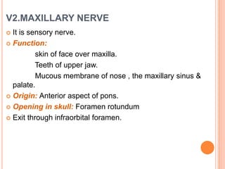 V2.MAXILLARY NERVE
 It is sensory nerve.
 Function:
skin of face over maxilla.
Teeth of upper jaw.
Mucous membrane of nose , the maxillary sinus &
palate.
 Origin: Anterior aspect of pons.
 Opening in skull: Foramen rotundum
 Exit through infraorbital foramen.
 