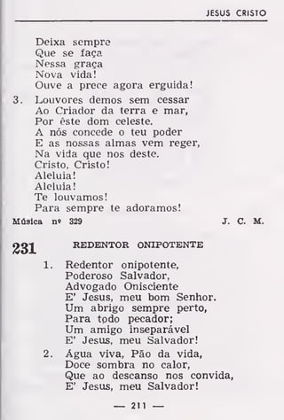 JESUS CRISTO
Deixa sempre
Que se faça
Nessa graça
Nova vida!
Ouve a prece agora erguida!
3. Louvores demos sem cessar
Ao Criador da terra e mar,
Por êste dom celeste.
A nós concede o teu poder
E as nossas almas vem reger,
Na vida que nos deste.
Cristo, Cristo!
Aleluia!
Aleluia!
Te louvamos!
Para sempre te adoramos!
Música n» 329 J. C. M.
REDENTOR ONIPOTENTE
Redentor onipotente,
Poderoso Salvador,
Advogado Onisciente
E' Jesus, meu bom Senhor.
Um abrigo sempre perto,
Para tpdo pecador;
Um amigo inseparável
E' Jesus, meu Salvador!
Água viva, Pão da vida,
Doce sombra no calor,
Que ao descanso nos convida,
E' Jesus, meu Salvador!
231
í.
2.
— 211 —
 