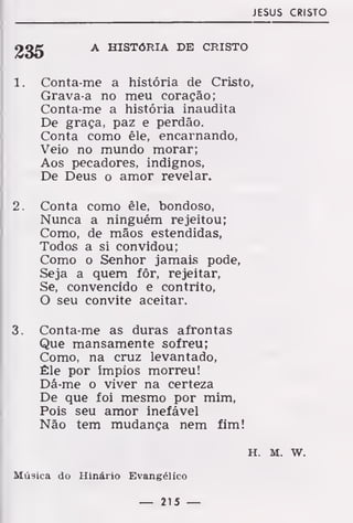 JESUS CRISTO
A HISTÓRIA DE CRISTO
1. Conta-me a história de Cristo,
Grava-a no meu coração;
Conta-me a história inaudita
De graça, paz e perdão.
Conta como êle, encarnando,
Veio no mundo morar;
Aos pecadores, indignos,
De Deus o amor revelar.
2. Conta como êle, bondoso,
Nunca a ninguém rejeitou;
Como, de mãos estendidas,
Todos a si convidou;
Como o Senhor jamais pode,
Seja a quem fôr, rejeitar,
Se, convencido e contrito,
O seu convite aceitar.
3. Conta-me as duras afrontas
Que mansamente sofreu;
Como, na cruz levantado,
Êle por ímpios morreu!
Dá-me o viver na certeza
De que foi mesmo por mim,
Pois seu amor inefável
Não tem mudança nem fim!
h. m. w.
Música do Hinário Evangélico
— 215 —
 