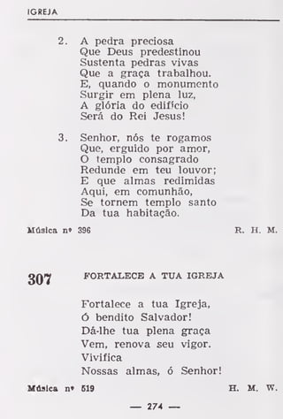 IGREJA
2. A pedra preciosa
Que Deus predestinou
Sustenta pedras vivas
Que a graça trabalhou.
E, quando o monumento
Surgir em plena luz,
A glória do edifício
Será do Rei Jesus!
3. Senhor, nós te rogamos
Que, erguido por amor,
O templo consagrado
Redunde em teu louvor;
E que almas redimidas
Aqui, em comunhão,
Se tornem templo santo
Da tua habitação.
Música n» 396 R. H. M.
307 FORTALECE A TUA IGREJA
Fortalece a tua Igreja,
ó bendito Salvador!
Dá-lhe tua plena graça
Vem, renova seu vigor.
Vivifica
Nossas almas, ó Senhor!
Música n* 519 H. M.
— 274 —
 