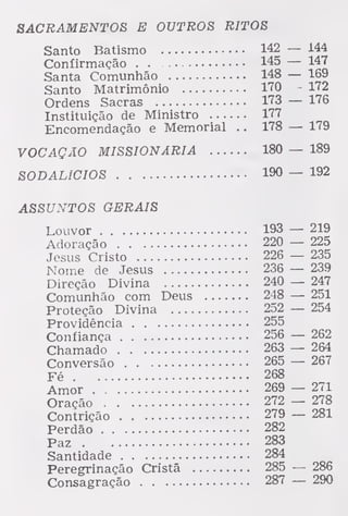 SACRAMENTOS E OUTROS RITOS
Santo Batismo 142 — 144
Confirmação . . 145 — 147
Santa Comunhão 148—169
Santo Matrimónio 170 - 172
Ordens Sacras 173 — 176
Instituição de Ministro 177
Encomendação e Memorial . . 178 — 179
VOCAÇÃO MISSIONÁRIA 180 — 189
SODALÍCIOS 190 — 192
ASSUNTOS GERAIS
Louvor 193 — 219
Adoração 220 — 225
Jesus Cristo 226 — 235
Nome de Jesus 236 — 239
Direção Divina 240 — 247
Comunhão com Deus 248 — 251
Proteção Divina 252 — 254
Providência 255
Confiança 256 — 262
Chamado 263 — 264
Conversão 265 — 267
Fé 268
Amor 269 — 271
Oração 272 — 278
Contrição 279 — 281
Perdão 282
Paz 283
Santidade 284
Peregrinação Cristã 285 — 286
Consagração 287 — 290
 