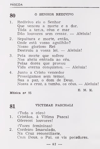 PÁSCOA
gQ O SENHOR REDIVIVO
1. Redivivo eis o Senhor
Que venceu a morte e a dor.
Tôda a terva, céus e mar
Dão louvores sem cessar. — Aleluia!
2. Sepultura e morte, então,
Onde está vosso aguilhão?
Nosso glorioso Rei
Destruiu a vossa lei. — Aleluia!
3. Pela morte que sofreu
Nos abriu entrada ao céu.
Pelas dores que provou
Vida eterna conquistou. — Aleluia!
4 . Junto a Cristo vencedor
Prossigamos sem temor.
Sua a paz, o dom de Deus,
Nossa a cruz, a tumba, os céus. — Aleluia!
E. M. K.
Música n" 95
gj VICTIMAE PASCHALI
íTodo o côro)
1. Cristãos, à Vítima Pascal
Oferecei louvores!
(Vozes femininas)
2. Cordeiro Imaculado,
Na Cruz reconciliaste,
Com Deus. o Pai, os vis pecadores.
— 82 —
 