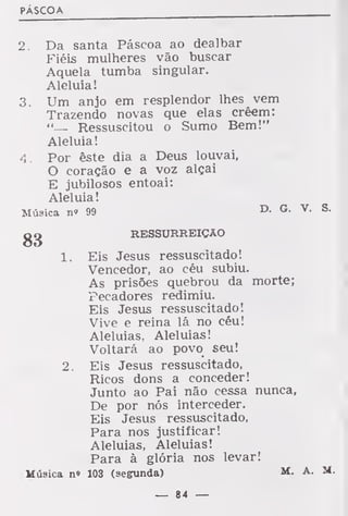 PÁSCOA
2. Da santa Páscoa ao dealbar
Fiéis mulheres vão buscar
Aquela tumba singular.
Aleluia!
3. Um anjo em resplendor lhes vem
Trazendo novas que elas crêem:
"— Ressuscitou o Sumo Bem!"
Aleluia!
4. Por êste dia a Deus louvai,
O coração e a voz alçai
E jubilosos entoai:
Aleluia!
Música n" 99 D- G-
RESSURREIÇÃO
1. Eis Jesus ressuscitado!
Vencedor, ao céu subiu.
As prisões quebrou da morte;
Pecadores redimiu.
Eis Jesus ressuscitado!
Vive e reina lá no céu!
Aleluias, Aleluias!
Voltará ao povo seu!
2. Eis Jesus ressuscitado,
Ricos dons a conceder!
Junto ao Pai não cessa nunca,
De por nós interceder.
Eis Jesus ressuscitado,
Para nos justificar!
Aleluias, Aleluias!
Para à glória nos levar!
Música n» 103 (segunda) M.
— 84 —
 