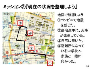 ミッション②『現在の状況を整理しよう』
16
①
②
③
地図で確認しよう
①コンビニで地震
を感じた。
②帰宅途中に、火事
が発生していた。
③自宅に着いた。
④避難所になって
いる中学校へ
家族と一緒に
向かった。
④
 