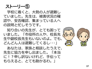 ストーリー⑤
学校に着くと、大勢の人が避難し
ていました。先生は、被害状況の確
認や、安否確認、集まっている人へ
の説明と忙しそうです。
知り合いの先生が、とても困って
いました。「市役所の人や、校長先
生や副校長先生もいないのよ。でも、
どんどん人は避難してくるし･･･」
あなたは、家族と相談したうえで、
先生に協力を申し出ました。「本当
に！？申し訳ないけれど、手伝って
もらえると、とても助かるわ。」
17
 