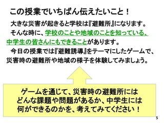 この授業でいちばん伝えたいこと！
大きな災害が起きると学校は『避難所』になります。
そんな時に、学校のことや地域のことを知っている、
中学生の皆さんにもできることがあります。
今日の授業では『避難誘導』をテーマにしたゲームで、
災害時の避難所や地域の様子を体験してみましょう。
5
ゲームを通じて、災害時の避難所には
どんな課題や問題があるか、中学生には
何ができるのかを、考えてみてください！
 