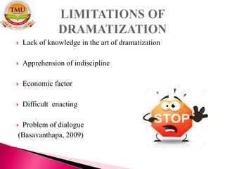  Lack of knowledge in the art of dramatization
 Apprehension of indiscipline
 Economic factor
 Difficult enacting
 Problem of dialogue
(Basavanthapa, 2009)
 