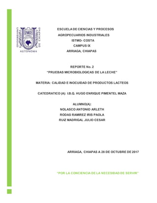 ESCUELA DE CIENCIAS Y PROCESOS
AGROPECUARIOS INDUSTRIALES
ISTMO- COSTA
CAMPUS IX
ARRIAGA, CHIAPAS
REPORTE No. 2
“PRUEBAS MICROBIOLOGICAS DE LA LECHE”
MATERIA: CALIDAD E INOCUIDAD DE PRODUCTOS LACTEOS
CATEDRATICO (A): I.B.Q. HUGO ENRIQUE PIMENTEL MAZA
ALUMNO(A):
NOLASCO ANTONIO ARLETH
RODAS RAMIREZ IRIS PAOLA
RUIZ MADRIGAL JULIO CESAR
ARRIAGA, CHIAPAS A 28 DE OCTUBRE DE 2017
“POR LA CONCIENCIA DE LA NECESIDAD DE SERVIR”
 