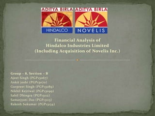 Financial Analysis of
Hindalco Industries Limited
(Including Acquisition of Novelis Inc.)

Group – 8, Section – B
Ajeet Singh (PGP13067)
Ankit joshi (PGP13070)
Gurpreet Singh (PGP13089)
Nikhil Kejriwal (PGP13099)
Sahil Dhingra (PGP13112)
Samarjyoti Das (PGP13113)
Rakesh Sukumar (PGP13134)

 