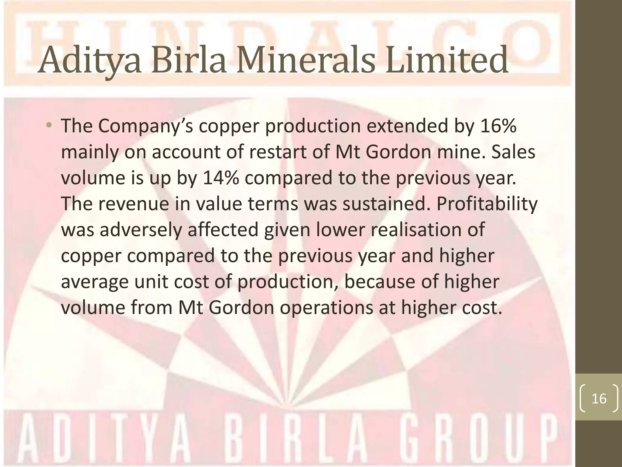 Aditya Birla Minerals Limited
• The Company’s copper production extended by 16%
mainly on account of restart of Mt Gordon mine. Sales
volume is up by 14% compared to the previous year.
The revenue in value terms was sustained. Profitability
was adversely affected given lower realisation of
copper compared to the previous year and higher
average unit cost of production, because of higher
volume from Mt Gordon operations at higher cost.

16

 