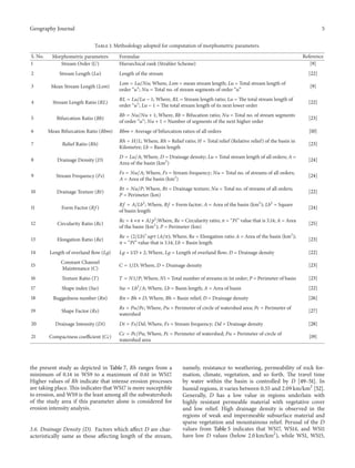 Geography Journal

5
Table 1: Methodology adopted for computation of morphometric parameters.

S. No.
1

Morphometric parameters
Stream Order (𝑈)

2

Stream Length (𝐿𝑢)

3

Mean Stream Length (𝐿𝑠𝑚)

4

Formulae
Hierarchical rank (Strahler Scheme)

Reference
[9]

Length of the stream

[22]

𝐿𝑠𝑚 = 𝐿𝑢/𝑁𝑢; Where, 𝐿𝑠𝑚 = mean stream length; 𝐿𝑢 = Total stream length of
order “𝑢”; 𝑁𝑢 = Total no. of stream segments of order “𝑢”

[9]

Stream Length Ratio (𝑅𝐿)

𝑅𝐿 = 𝐿𝑢/𝐿𝑢 − 1; Where, 𝑅𝐿 = Stream length ratio; 𝐿𝑢 = The total stream length of
order “𝑢”; 𝐿𝑢 − 1 = The total stream length of its next lower order

[22]

5

Bifurcation Ratio (𝑅𝑏)

𝑅𝑏 = 𝑁𝑢/𝑁𝑢 + 1; Where, 𝑅𝑏 = Bifucation ratio; 𝑁𝑢 = Total no. of stream segments
of order “𝑢”; 𝑁𝑢 + 1 = Number of segments of the next higher order

[23]

6

Mean Bifurcation Ratio (𝑅𝑏𝑚)

7

Relief Ratio (𝑅ℎ)

𝑅ℎ = 𝐻/𝐿; Where, 𝑅ℎ = Relief ratio; H = Total relief (Relative relief) of the basin in
Kilometre; 𝐿𝑏 = Basin length

[23]

8

Drainage Density (𝐷)

𝐷 = 𝐿𝑢/𝐴; Where, 𝐷 = Drainage density; 𝐿𝑢 = Total stream length of all orders; A =
Area of the basin (km2 )

[24]

9

Stream Frequency (𝐹𝑠)

𝐹𝑠 = 𝑁𝑢/𝐴; Where, 𝐹𝑠 = Stream frequency; 𝑁𝑢 = Total no. of streams of all orders;
𝐴 = Area of the basin (km2 )

[24]

10

Drainage Texture (𝑅𝑡)

𝑅𝑡 = 𝑁𝑢/𝑃; Where, 𝑅𝑡 = Drainage texture; 𝑁𝑢 = Total no. of streams of all orders;
𝑃 = Perimeter (km)

[22]

11

Form Factor (𝑅𝑓)

𝑅𝑓 = 𝐴/𝐿𝑏2 ; Where, 𝑅𝑓 = Form factor; 𝐴 = Area of the basin (km2 ); 𝐿𝑏2 = Square
of basin length

[24]

12

Circularity Ratio (𝑅𝑐)

𝑅𝑐 = 4 ∗𝜋 ∗ 𝐴/𝑝2 ;Where, 𝑅𝑒 = Circularity ratio; 𝜋 = “𝑃𝑖” value that is 3.14; A = Area
of the basin (km2 ); P = Perimeter (km)

[25]

13

Elongation Ratio (𝑅𝑒)

𝑅𝑒 = (2/𝐿𝑏)∗ 𝑠𝑞𝑟𝑡 (𝐴/𝜋); Where, Re = Elongation ratio 𝐴 = Area of the basin (km2 );
𝜋 = “𝑃𝑖” value that is 3.14; 𝐿𝑏 = Basin length

[23]

14

Length of overland flow (𝐿𝑔)

𝐿𝑔 = 1/D ∗ 2; Where, 𝐿𝑔 = Length of overland flow; D = Drainage density

[22]

15

Constant Channel
Maintenance (𝐶)

𝐶 = 1/𝐷; Where, D = Drainage density

[23]

16

Texture Ratio (𝑇)

𝑇 = 𝑁1/𝑃; Where, N1 = Total number of streams in 1st order; P = Perimeter of basin

[23]

17

Shape index (𝑆𝑤)

18

Ruggedness number (𝑅𝑛)

19

Shape Factor (𝑅𝑠)

20

Drainage Intensity (𝐷𝑖)

21

Compactness coefficient (𝐶𝑐)

𝑅𝑏𝑚 = Average of bifurcation ratios of all orders

2

[10]

𝑆𝑤 = 𝐿𝑏 /𝐴; Where, 𝐿𝑏 = Basin length; A = Area of basin

[22]

𝑅𝑛 = 𝐵ℎ ∗ 𝐷; Where, 𝐵ℎ = Basin relief; D = Drainage density

[26]

𝑅𝑠 = 𝑃𝑢/𝑃𝑐; Where, 𝑃𝑢 = Perimeter of circle of watershed area; 𝑃𝑐 = Perimeter of
watershed
𝐷𝑖 = 𝐹𝑠/𝐷𝑑; Where, 𝐹𝑠 = Stream frequency; 𝐷𝑑 = Drainage density
𝐶𝑐 = 𝑃𝑐/𝑃𝑢; Where, 𝑃𝑐 = Perimeter of watershed; 𝑃𝑢 = Perimeter of circle of
watershed area

the present study as depicted in Table 7, Rh ranges from a
minimum of 0.14 in WS9 to a maximum of 0.61 in WS17.
Higher values of Rh indicate that intense erosion processes
are taking place. This indicates that WS17 is more susceptible
to erosion, and WS9 is the least among all the subwatersheds
of the study area if this parameter alone is considered for
erosion intensity analysis.
3.6. Drainage Density (D). Factors which affect 𝐷 are characteristically same as those affecting length of the stream,

[27]
[28]
[19]

namely, resistance to weathering, permeability of rock formation, climate, vegetation, and so forth. The travel time
by water within the basin is controlled by D [49–51]. In
humid regions, it varies between 0.55 and 2.09 km/km2 [52].
Generally, D has a low value in regions underlain with
highly resistant permeable material with vegetative cover
and low relief. High drainage density is observed in the
regions of weak and impermeable subsurface material and
sparse vegetation and mountainous relief. Perusal of the 𝐷
values from Table 5 indicates that WS17, WS14, and WS11
have low 𝐷 values (below 2.0 km/km2 ), while WS1, WS15,

 