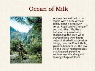 Ocean of Milk
       A steep descent had to be
       repaid with a near vertical
       climb, along a deep river
       gorge. Huge conifers hung off
       and onto the cliffs, like a
       battalion of green trolls,
       charging up the bluff while
       trying to keep their heads
       down. A tired old suspension
       bridge, over the Khudi Khola,
       groaned beneath us. The few
       tin and thatch roofed houses
       that lingered around its
       anchors was the Mongaloid
       Gurung village of Khudi.
 