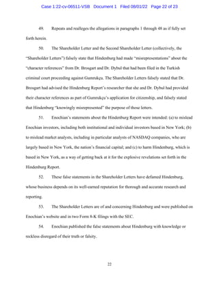 22
49. Repeats and realleges the allegations in paragraphs 1 through 48 as if fully set
forth herein.
50. The Shareholder Letter and the Second Shareholder Letter (collectively, the
“Shareholder Letters”) falsely state that Hindenburg had made “misrepresentations” about the
“character references” from Dr. Brosgart and Dr. Dybul that had been filed in the Turkish
criminal court proceeding against Gumrukçu. The Shareholder Letters falsely stated that Dr.
Brosgart had advised the Hindenburg Report’s researcher that she and Dr. Dybul had provided
their character references as part of Gumrukçu’s application for citizenship, and falsely stated
that Hindenburg “knowingly misrepresented” the purpose of those letters.
51. Enochian’s statements about the Hindenburg Report were intended: (a) to mislead
Enochian investors, including both institutional and individual investors based in New York; (b)
to mislead market analysts, including in particular analysts of NASDAQ companies, who are
largely based in New York, the nation’s financial capital; and (c) to harm Hindenburg, which is
based in New York, as a way of getting back at it for the explosive revelations set forth in the
Hindenburg Report.
52. These false statements in the Shareholder Letters have defamed Hindenburg,
whose business depends on its well-earned reputation for thorough and accurate research and
reporting.
53. The Shareholder Letters are of and concerning Hindenburg and were published on
Enochian’s website and in two Form 8-K filings with the SEC.
54. Enochian published the false statements about Hindenburg with knowledge or
reckless disregard of their truth or falsity.
Case 1:22-cv-06511-VSB Document 1 Filed 08/01/22 Page 22 of 23
 