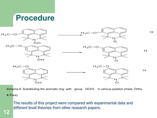 Procedure
Scheme 6: Substituting the aromatic ring with group OCH3 in various position (meta, Ortho
& Para).
The results of this project were compared with experimental data and
different level theories from other research papers.
12
 