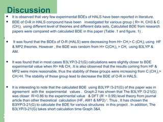 Discussion
 It is observed that very few experimental BDEs of HALS have been reported in literature.
 BDE of O-R in HALS compound have been investigated for various group ( R= H, CH3 & C
(CH3)3 using different level of theories and different data sets, Calculated BDE from research
papers were compared with calculated BDE in this paper (Table .1 and figure. 1) .
 It was found that the BDEs of O-R (HALS) were decreasing from H> CH3> C (CH3)3 using HF
& MP2 theories. However , the BDE was random from H> C(CH3)3 > CH3 using B3LYP &
AM.
 It was found that in most cases B3LYP/3-21(G) calculations were slightly closer to BDE
experimental value when R= H& CH3 .It is also observed that the results coming from HF &
MP2 were more reasonable, thus the stability of these groups were increasing from C (CH3)3 >
CH3>H. The stability of those group lead to decrease the BDE of O-R in HALS.
 It is interesting to note that the calculated BDE using B3LYP /3-21(G) of this paper was in
agreement with the experimental values . Graph.2 has shown that The B3LYP /3-21(G)
was closer R2
=0.86 to the experimental value & DFT (R2
= 0.99) level theory from journal
article than other theoretical calculation (HF, AM1 & MP2) 6
. Thus , It has chosen the
B3lYP/3-21(G) to calculate the BDE for various structures in this project . In addition, The
B3LYP/3-21(G) takes short calculation time Graph 3&4.
24
 