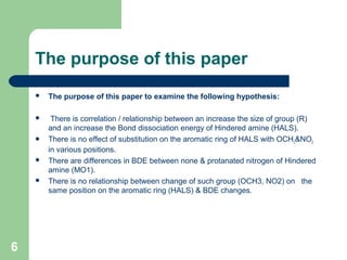 The purpose of this paper
 The purpose of this paper to examine the following hypothesis:
  There is correlation / relationship between an increase the size of group (R) 
and an increase the Bond dissociation energy of Hindered amine (HALS).
 There is no effect of substitution on the aromatic ring of HALS with OCH3&NO2 
in various positions.
 There are differences in BDE between none & protanated nitrogen of Hindered 
amine (MO1).
 There is no relationship between change of such group (OCH3, NO2) on   the 
same position on the aromatic ring (HALS) & BDE changes.
6
 