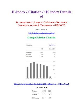H-Index / Citation / i10 index Details
of
INTERNATIONAL JOURNAL OF MOBILE NETWORK
COMMUNICATIONS & TELEMATICS (IJMNCT)
ISSN: 1839-5678
http://wireilla.com/ijmnct/index.html
Google Scholar Citation
https://scholar.google.co.in/citations?hl=en&user=e3_CXEcAAAAJ
All Since 2015
Citations 2140 1289
H-index 13 12
I10-index 18 14
 