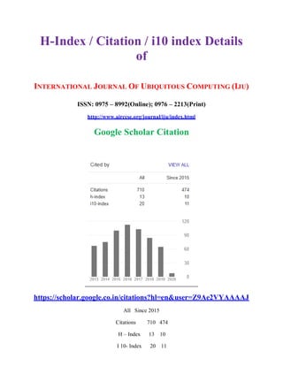 H-Index / Citation / i10 index Details
of
INTERNATIONAL JOURNAL OF UBIQUITOUS COMPUTING (IJU)
ISSN: 0975 – 8992(Online); 0976 – 2213(Print)
http://www.airccse.org/journal/iju/index.html
Google Scholar Citation
https://scholar.google.co.in/citations?hl=en&user=Z9Ae2VYAAAAJ
All Since 2015
Citations 710 474
H – Index 13 10
I 10- Index 20 11
 