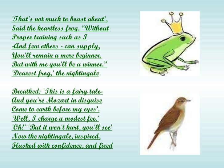 summary the frog and the nightingale essay Home the lais of marie de france e-text: v - the lay of the nightingale e-text the lais of marie de france v - the lay of the nightingale now will i tell you a story, whereof the breton harper already has made a lay. summary the frog and the nightingale essay Home the lais of marie de france e-text: v - the lay of the nightingale e-text the lais of marie de france v - the lay of the nightingale now will i tell you a story, whereof the breton harper already has made a lay.