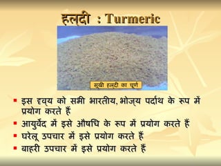 हल्‍दी  : Turmeric <ul><li>इस दृव्‍य को सभी भारतीय ,  भोज्‍य पदार्थ के रूप में प्रयोग करते हैं </li></ul><ul><li>आयुर्वेद ...