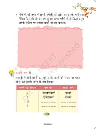 103
• uhps nh xbZ txg essa viuh gFksyh dks j[kksA vc blosQ pkjksa vksj
isafly fiQjkvksA yks cu x;k rqEgkjk gkFkA esg¡nh ls tks fMT+kkbu rqEk
viuh gFksyh ij cukuk pkgrs gks og cukvksA
vius eu ls
dgkuh esa nksuksa cguksa dk uke muosQ ckyksa dh la[;k ij iM+kA
lksp dj [kkyh txg esa uke fy[kksA
ckyksa dh la[;k iwjk uke NksVk uke
1 ,dosQlokyh ,Ddh
2 nksosQlokyh nksDdh
100 --------------------- ---------------------
0 --------------------- ---------------------
2019-2020
 