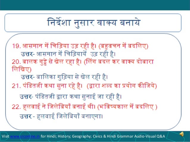 Icse Class X Hindi Grammar Nirdeshanusar Vakya Banaye