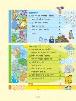et+k[kVksyk 73
10- ,d fnu dh ckn'kkgr (dgkuh) 77
11- pkoy dh jksfV;k¡ (ukVd) 83
12- xq# vkSj psyk (dfork) 93
*fcuk tM+ dk isM+ 101
13- Lokeh dh nknh (dgkuh) 103
*dkVwZu 108
vkl&ikl 110
14- ck?k vk;k ml jkr (dfork) 113
*,f'k;kbZ 'ksj osQ fy, ehBh xksfy;k¡ 117
15- fc'ku dh fnysjh (dgkuh) 118
*jkr Hkj fcy[krs&¯p?kkM+rs jgs 126
16- ikuh js ikuh (ys[k) 128
*unh dk lI+kQj 132
17- NksVh&lh gekjh unh (dfork) 134
*tksM+klk¡dks okyk ?kj 137
18- pqukSrh fgeky; dh (;k=kk o.kZu) 140
*ge D;k mxkrs gSa 147
'kCnkFkZ 148
xii
2019-2020
 