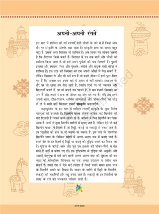 3
bl Hkkx esa 'kkfey dh xbZ jpuk,¡ ,slh ph”kksa osQ ckjs esa gSa ftUgsa vke
rkSj ij laLÑfr osQ varxZr j[kk tkrk gSA laLÑfr 'kCn dk nk;jk cgqr
cM+k gSA blosQ vanj fojklr Hkh 'kkfey gSA vc 'kk;n ;g lkspuk ”k:jh
gS fd fojklr fdls dgrs gSaA fojklr esa mu lc ckrksa vkSj ph”kksa dks
'kkfey fd;k tkrk gS tks gesa vius iwoZtksa dh ;kn fnykrh gSaA iqjkuh
bekjrsa vkSj Lekjd] fp=k vkSj iqLrossaQ] cxhps vkSj lM+osaQ ,slh ph”kksa esa
'kkfey gSaA bl rjg dh fojklr dks ge viuh vk¡[kksa ls ns[k ldrs gSa]
ysfdu fojklr osQ vkSj Hkh dbZ :i gSa tks gekjs thou esa brus ?kqy&fey
x, gSa fd vDlj ge muosQ ckjs esa vyx ls ugha lksprsA mnkgj.k osQ
rkSj ij tks [kkuk ge jks”k [kkrs gSa] fo'ks"k fnuksa ij tks idoku vkSj
feBkb;k¡ cukrs gSa] ;k tks diMs+ ge igurs gSa] ;s lc gekjh fojklr dk
vax gaS vkSj gekjs jks”kkuk osQ thou dk vax cu x, gSaA ;fn ge buesa
viuh Hkk"kk] jhfr&fjokt] /kfeZd ekU;rkvksa vkSj thou&'kSyh dks tksM+
ysa rks ;s lkjh ckrsa feydj gekjh laLÑfr dgyk,¡xhA
ikB~;iqLrd osQ bl Hkkx esa 'kkfey jpuk,¡ laLÑfr osQ oqQN fo'ks"k
igyqvksa dks mHkkjrh gSaA f[kykSus okyk 'kh"kZd dfork dbZ f[kykSuksa dh
;kn fnykrh gS ftuls cPps [ksyrs jgs gSaA dfork esa ftu f[kykSuksa dk f”kØ
vk;k gS] muesa ls oqQN f[kykSus e'khuksa ls cuk, tkrs gSa] ysfdu ,sls Hkh dbZ
f[kykSus ck”kkj esa feyrs gSa tks fe^h] diM+s ;k ydM+h ls cuk, tkrs gSaA
bu f[kykSuksa dks gkFk ls Hkh cuk;k tk ldrk gSA bl rjg osQ ikjaifjd
f[kykSus Hkkjr osQ fofHkUu izns'kksa esa vyx&vyx :i esa cuk, tkrs gSaA
gekjs ns'k osQ gj fgLls esa fe^h ;k diM+s dh xqfM+;k cukus dk fjokt jgk
gSA xqfM+;k osQ diM+s] cky vkSj twrs ml bykosQ dh thou&'kSyh ls esy
[kkrs gSa tgk¡ os cuk, x, gksaA bl n`f"Vdks.k ls xqfM+;k dh vkÑfr vkSj
mldh os'kHkw"kk esa ikbZ tkus okyh vyx&vyx rjg dh lqanjrk dks ge
Hkkjr dh lkaLÑfrd fofo/rk dk ,d vPNk mnkgj.k ;k izrhd eku
ldrs gSaA gekjs ns'k esa ,ssls dbZ R;ksgkj gSa ftUgsa eukrs le; [kkl rjg
osQ f[kykSus cukus dk fjokt gSA lkou osQ eghus esa fe^h osQ f[kykSus]
ydM+h dh pdfj;k¡ vkSj y^w cuk, tkrs gSaA ydM+h osQ bu f[kykSuksa ij
yk[k osQ jaxksa dh pednkj ikfy'k jgrh gSA
viuh&viuh jaxrsa
3
2019-2020
 