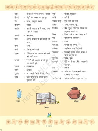 150
Vdk µ nks iSlksa osQ cjkcj rk¡cs dk flDdk
Bhdjs µ feêðh osQ cjru dk VqdM+k
BkSj µ txg] mi;qDr LFkku
ksjMaxj µ eos'kh
rilh µ riLoh] riL;k djus okyk] dV
lgu djusokyk
rY[kh µ dM+okgV
rkd µ vkyk] nhoky esa cuh NksVhlh
txg
rkxk µ /kxk
rkirs µ lsadrs] xeZ djrs
nM+ck µ fpfM+;k ;k NksVs tkuoj dks j[kus
dh NksVh txg
nUukrh µ ^nUu* dh vkokT+k djrh gqbZ]
'kksj djrh gqbZ
nLrd µ [kV[kVkgV
nkeu µ vk¡py
nq#Lr µ tks vPNh fLFkfr esa gks] Bhd
nqxZe  tgk¡ igq¡puk ;k lI+kQj djuk
eqf'dy gks
nwHkj µ dfBu] eqf'dy
ubZ[ks µ ugha gS
uDdk tksM+hµ ,d rjg dk [ksy
uI+kQhl µ mEnk] cf+;k] lqanj
fu;fer µ c¡/k gqvk] fuf'pr] fu;e osQ
vuqlkj] dk;ns ls
fuxZe µ ftl jkLrs ij dksbZ tkrk u gks
iêòk µ oqQ'rhck”k igyoku
ijkLr µ gjkuk
ifj/ku µ iguus dk diM+k
ifjogu µ lkbfdy] cl] jsyxkM+h
ikjaifjd µ ftldk fjokT+k dki+Qh le; ls
pyk vk jgk gks
iqyfdr µ izlÂ] [kq'k
i`BHkwfe µ ihNs dk fgLlk (tSlsedku dh
i`BHkwfe)
izFkk µ fjokT+k
izca/d µ izca/ ;k bar”kke djus okyk]
ns[kHkky djus okyk
iz'kfLr i=k µ iz'kalk] rkjhI+kQ] cM+kbZ dk i=k
rkxk Bhdjk
nM+ck
2019-2020
 