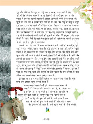 14
xqM+ vkSj phuh osQ fryoqQV dks cM+s pko ls [kk;kA [kkrs&[kkrs eSa lksp
jgh Fkh fd fdruh vyx gS u ;g f[kpM+h tks vHkh ge euk jgs gSaA
LowQy esa ge tks f[kpM+h eukrs Fks mldh vyx gh eLrh gqvk djrh FkhA
Nqêðh dk fnu] uko esa cSBdj xaxk unh dh lSj vkSj fiQj Vkiw ij ckyw eas nkSM+rs
gq, irax mM+kuk ;k mM+kus dh dksf'k'k djukA fdruk eT+kk vkrk FkkA b/j ge
irax mM+krs Fks vkSj ogha FkksM+h nwj ij xq#th] foeyk fník] vkuan th] f>yfeV
HkS;k lc feydj b±V ls cus pwYgs ij cM+s&cM+s dM+kgksa esa f[kpM+h cukrs FksA
ge Hkh chp&chp esa viuh iraxksa dks lqLrkus dk ekSdk nsrs gq, eVj vkSj I;kt
Nhyus cSB tkrsA oSlh f[kpM+h fiQj nqckjk [kkus dks ugha feyhA okdbZ] <ax oSQlk
Hkh gks] ij gS ;s [kqf'k;ksa dk R;ksgkj!
tuojh ekg osQ eè; esa Hkkjr osQ yxHkx lHkh izkarksa esa I+kQlyksa ls tqM+k
dksbZ&u&dksbZ R;ksgkj euk;k tkrk gSA dksbZ I+kQlyksa osQ rS;kj gks tkus ij [kq'kh
ck¡Vrk gS rks oqQN yksx bl mEehn esa [kq'k gksrs gSa fd vc ikyk de gksxk]
lwjt dh xehZ c<+us ls [ksrksa esa [kM+h I+kQly rsT+kh ls c<+sxhA lHkh izkarksa vkSj
bykdksa dk viuk jax vkSj viuk <ax ut+ j vkrk gSA bl fnu lc yksx vPNh
iSnkokj dh mEehn vkSj I+kQlyksa osQ ?kj esa vkus dh [kq'kh dk bT+kgkj djrs gSaA mÙkj
izns'k] fcgkj] eè; izns'k esa edj&laØkafr ;k fry laØkar] vle esa chgw] osQjy
esa vks.ke] rfeyukMq esa iksaxy] iatkc esa yksgM+h] >kj[kaM esa ljgqy] xqtjkr esa
irax dk ioZ lHkh [ksrh vkSj I+kQlyksa ls tqM+s R;ksgkj gSaA bUgsa tuojh ls eè;
vizSy rd vyx&vyx le; euk;k tkrk gSA
>kj[kaM esa ljgqy cM+s tks'kks&[kjks'k osQ lkFk euk;k tkrk gSA pkj
fnuksa rd bldk t'u pyrk jgrk gSA
vyx&vyx tutkfr;k¡ bls vyx&vyx le; esa
eukrh gSaA laFkky yksx iQjojh&ekpZ esa] rks vksjkao yksx
bls ekpZ&viSzy esa eukrs gSaA vkfnoklh vkerkSj ij
izo`Qfr dh iwtk djrs gSaA ljgqy osQ fnu fo'ks"k :i ls
^lky* osQ isM+ dh iwtk dh tkrh gSA ;gh le; gS tc
lky osQ isM+ksa esa iwQy vkus yxrs gSa vkSj ekSle cgqr
gh [kq'kuqek gks tkrk gSA L=kh&iq#"k nksuksa gh <ksy&eathjs
2019-2020
 