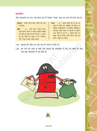 57
'kCndks'k
uhps 'kCndks'k dk ,d va'k fn;k x;k gS ftlesa ^lapkj* 'kCn dk vFkZ Hkh fn;k x;k gSA
(d) crkvks fd dkSulk vFkZ ikB osQ lanHkZ esa Bhd gSA
([k) bl iUus dks è;ku ls ns[kks vkSj crkvks fd 'kCndks'k esa fn, x, 'kCnksa osQ lkFk
D;kD;k tkudkjh nh xbZ gksrh gSaA
laKhrK  laxhr tkuus okyk] laxhr dh dyk
esa fuiq.kA
laxzg  iq- 1- tek djuk] bdêòk djuk]
,d=k djuk] lap;A iz- nhid vktdy if{k;ksa
osQ ia[kksa dk laxzg djus esa yxk gSA 2- bdêòh
dh gqbZ phT+kksa dk lewg ;k sj] ladyu_
tSls fVdVlaxzg] fucaèklaxzgA
lapkj  iq- 1- fdlh lans'k dks nwj rd ;k
cgqrls yksxksa rd igq¡pkus dh fØ;k ;k
iz.kkyh] dE;wfuosQ'kuA m- VsyhI+kQksu] VsyhfoT+ku]
lsVsykbV vkfn lapkj osQ ekè;eksa ls nqfu;k
vkt NksVh gks xbZ gSA 2- fdlh phT+k dk
izokg] pyuk] iSQyuk_ tSls'kjhj esa jDr dk
lapkj] fo|qr dk lapkjA
2019-2020
 