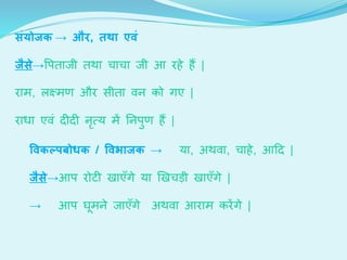 सिंयोिक → और, तर्ा एविं
िैसे→वपर्ाजी र्था र्ार्ा जी आ िहे हैं |
िाम, लक्ष्म औि सीर्ा वन को गए |
िाधा एवीं ि ि नृत्य में ननपु हैं |
ववकल्पबोधक / ववभािक → या, अथवा, र्ाहे, आदि |
िैसे→आप िोट खाएाँगे या खखर्ड़ी खाएाँगे |
→ आप घूमने जाएाँगे अथवा आिाम किेंगे |
 