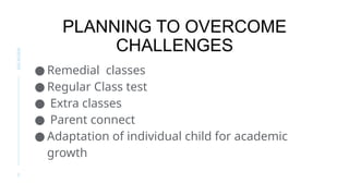 PLANNING TO OVERCOME
CHALLENGES
SIS
NOIDA
5
● Remedial classes
● Regular Class test
● Extra classes
● Parent connect
● Adaptation of individual child for academic
growth