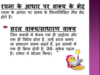 रचना के आधार पर वाक्य के भेद
रचिा के आिार पर वाक्य के निम्िललखित तीि भेद
होते हैं।
सरल वाक्य/साधारण वाक्य
जिि वाक्यों में के वल एक ह उद्देश्य और
एक ह प्विेय होता है, उन्हें सरल वाक्य
या सािारण वाक्य कहते हैं, इि वाक्यों में
एक ह किया होती है; िैसे- मुके श पढ़ता
है। राके श िे भोिि ककया।
 