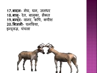 17.बादल- मेघ, घि, िलिर
18.बालू- रेत, बालुका, सैकत
19.बन्दर- वािर, कप्प, कपीश
20.बबजली- घिप्रया,
इन््वज्र, चिंचला
 
