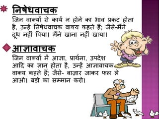 ननषेधवाचक
जिि वाक्यों से कायथ ि होिे का भाव रकट होता
है, उन्हें निर्ेिवाचक वाक्य कहते हैं; िैसे-मैंिे
दूि िह िं प्पया। मैंिे िािा िह िं िाया।
आज्ञावाचक
जिि वाक्यों में आज्ञा, रार्थिा, उपदेश
आदद का ज्ञाि होता है, उन्हें आज्ञावाचक
वाक्य कहते हैं; िैसे- बाजार िाकर फल ले
आओ। बडो का सम्माि करो।
 