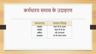 कमविािय समास क
े उदाहिण
समस्तपद
महात्मा
महादेर्
लबोोंदि
घनश्याम
समास-धर्ग्रह
महान है जो आत्मा
महान है जो देर्
लोंबे उदिर्ाला
घन क
े समान श्याम
 