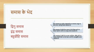 समास क
े भेद
धद्वगु समास
द्वोंद्व समास
बहुव्रीधह समास
धजस समस्तपद का पूर्वपद सोंख्यार्ाची तथा समस्तपद समूह का
बोि किाए, र्ह धद्वगु समास कहलाता है।
धजस समस्तपद में दोनोों ही पद प्रघान होों औि धर्ग्रह किने पि
योजक शब्ोों का प्रयोग हो, र्ह द्वोंद्व समास कहलाता है।
धजस समस्तपद में कोई भी पद प्रघान नहीों होता, बल्कि दोनोों पद
धमलकि धकसी तीसिे अथव को प्रकट कितें हैं, र्ह बहुव्रीधह समास
कहलाता है।
 