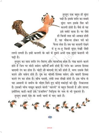 108
gqngqn ,d cgqr gh lqanj
i{kh gSA blosQ 'kjhj dk lcls
lqanj Hkkx blosQ flj dh
dyxh gksrh gSA oSls rks ;g
bls lesVs jgrk gSA ij tSls
gh fdlh rjg dh vkokT+k gksrh
gS] ;g pkSdUuk gksdj ijksa dks
iSQyk ysrk gSA rc ;g dyxh ns[kus
esa gw&c&gw fdlh lqanj ia [kh tSlh
yxus yxrh gSA blh dyxh osQ ckjs esa rqeus vHkh ,d lqanj dgkuh Hkh
i<+h gSA
gqngqn dk lkjk 'kjhj jax&fcjaxk vkSj pVdhyk gksrk gSA ia[k dkys&dkys
gksrs gSa ftu ij eksVh lI+ksQn èkkfj;k¡ cuh gksrh gSaA xnZu dk vxyk fgLlk
cknkeh jax dk gksrk gSA pksVh Hkh cknkeh jax dh gksrh gS] exj mlosQ fljs
dkys vkSj lI+ksQn gksrs gSaA nqe dk Hkhrjh fgLlk lI+ksQn vkSj ckgjh fgLlk
dkys jax dk gksrk gSA pksap iryh] yach rFkk rh[kh gksrh gSA bl pksap ls
;g vklkuh ls ”kehu osQ Hkhrj fNis gq, dhM+ss edksM+ksa dks <w¡<+ fudkyrk
gSA bldh pksap uk[kwu dkVus okyh ^ugjuh* ls cgqr feyrh gS vkSj 'kk;n
blhfy, dgha&dgha bls ^gtkfeu* fpfM+;k osQ uke ls Hkh iqdkjrs gSaA
gqngqn gekjs ns'k osQ lHkh Hkkxksa esa ik, tkrs gSaA
2019-20
 