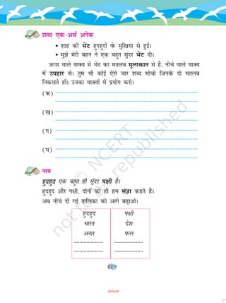 113
'kCn ,d&vFkZ vusd
• 'kkg dh HksaV gqngqnksa osQ eqf[k;k ls gqbZA
• eq>s esjh cgu us ,d cgqr lqanj HksaV nhA
mQij okys okD; esa HksaV dk eryc eqykdkr ls gS] uhps okys okD;
esa migkj lsA rqe Hkh dksbZ ,sls pkj 'kCn lkspks ftuosQ nks eryc
fudyrs gkasA mudk okD;ksa esa ç;ksx djksA
(d) -------------------------------------------------------------------------------------------------------
-------------------------------------------------------------------------------------------------------
([k) -------------------------------------------------------------------------------------------------------
-------------------------------------------------------------------------------------------------------
(x) -------------------------------------------------------------------------------------------------------
-------------------------------------------------------------------------------------------------------
(?k) -------------------------------------------------------------------------------------------------------
-------------------------------------------------------------------------------------------------------
uke
gqngqn ,d cgqr gh laqnj i{kh gSA
gqngqn vkSj i{kh] nksuksa dks gh ge laKk dgrs gSaA
vc uhps nh xbZ rkfydk dks vkxs c<+kvksA
gqngqn i{kh
Hkkjr ns'k
vukj iQy
--------------------- ---------------------
--------------------- ---------------------
2019-20
 