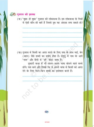 125
xqtjkr dh >yd
(d) ^eq-Ýr gh eq-Ýr* xqtjkr dh yksddFkk gSA bl yksddFkk osQ fp=kksa
esa ,slh dkSu&lh ckrsa gSa ftuls rqe ;g vank”kk yxk ldrs gks
--------------------------------------------------------------------------------------------------------
--------------------------------------------------------------------------------------------------------
--------------------------------------------------------------------------------------------------------
--------------------------------------------------------------------------------------------------------
--------------------------------------------------------------------------------------------------------
([k) xqtjkr esa fdlh dk vknj djus osQ fy, uke osQ lkFk HkkbZ] csu
(cgu) tSls 'kCnksa dk iz;ksx gksrk gSA rsyqxq esa uke osQ vkxs
^xk:* vkSj ¯gnh esa ^th* tksM+k tkrk gSA
rqEgkjh d{kk esa Hkh vyx&vyx Hkk"kk cksyus okys cPps
gksaxs! irk djks vkSj fy[kks fd os viuh Hkk"kk esa fdlh dks vknj
nsus osQ fy, fdu&fdu 'kCnksa dk bLrseky djrs gSaA
--------------------------------------------------------------------------------------------------------
--------------------------------------------------------------------------------------------------------
2019-20
 