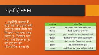 बहुब्रीहि समास
• बहुब्रीही समास में
कोई भी पद प्रधान नहीं
होता है।इसमें दोनों पद
मिलकर एक नया शब्द
बनाते हैं, जिसका एक
नया अर्थ निकलता है।
जो इस पद को
परिभाषित करता है।
 