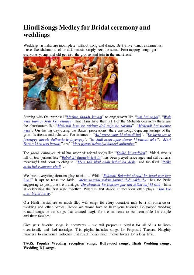 hindi songs medley for bridal ceremony and weddings