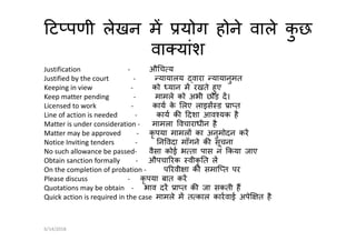 ट पणी लेखन म योग होने वाले कु छ
वा यांश
Justification - औ च य
Justified by the court - यायालय वारा यायानुमत
Keeping in view - को यान म रखते हुए
Keep matter pending - मामले को अभी छोड़ द।
Licensed to work - काय के लए लाइस ड ा त
Line of action is needed - काय क दशा आव यक है
Matter is under consideration - मामला वचाराधीन है
कृ पया मामल का अनुमोदन कर
Matter is under consideration - मामला वचाराधीन है
Matter may be approved - कृ पया मामल का अनुमोदन कर
Notice Inviting tenders - न वदा माँगने क सूचना
No such allowance be passed- वैसा कोई भ ता पास न कया जाए
Obtain sanction formally - औपचा रक वीकृ त ल
On the completion of probation - प रवी ा क समाि त पर
Please discuss - कृ पया बात कर
Quotations may be obtain - भाव दर ा त क जा सकती ह
Quick action is required in the case मामले म त काल कारवाई अपे त है
6/14/2018
 